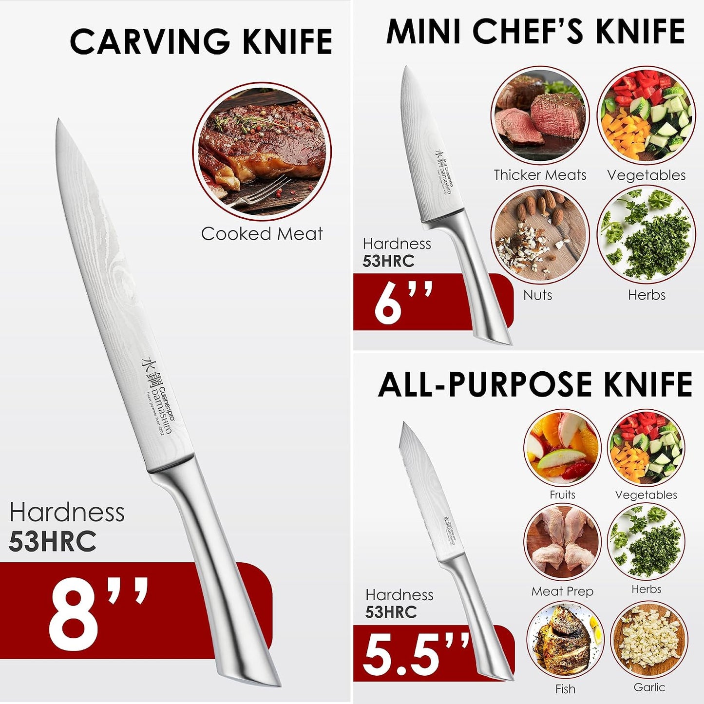 Damashiro Knife Block (Hiryu, 10-Piece Set) - Premium Japanese Steel Knife Set with Acacia Wood Block & Tempered Glass Window - Damascus-Inspired Blade