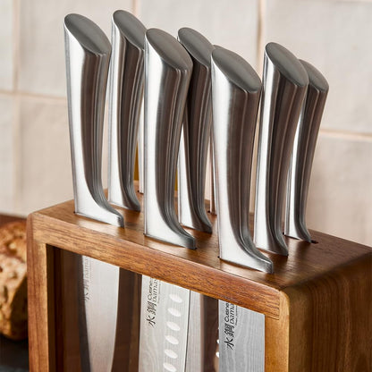 Damashiro Knife Block (Hiryu, 10-Piece Set) - Premium Japanese Steel Knife Set with Acacia Wood Block & Tempered Glass Window - Damascus-Inspired Blade