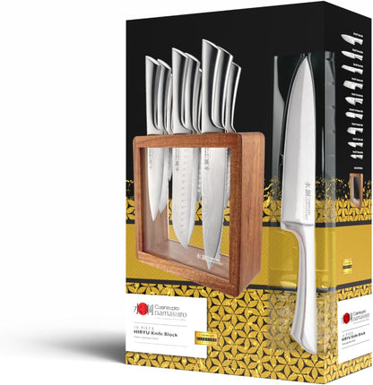 Damashiro Knife Block (Hiryu, 10-Piece Set) - Premium Japanese Steel Knife Set with Acacia Wood Block & Tempered Glass Window - Damascus-Inspired Blade