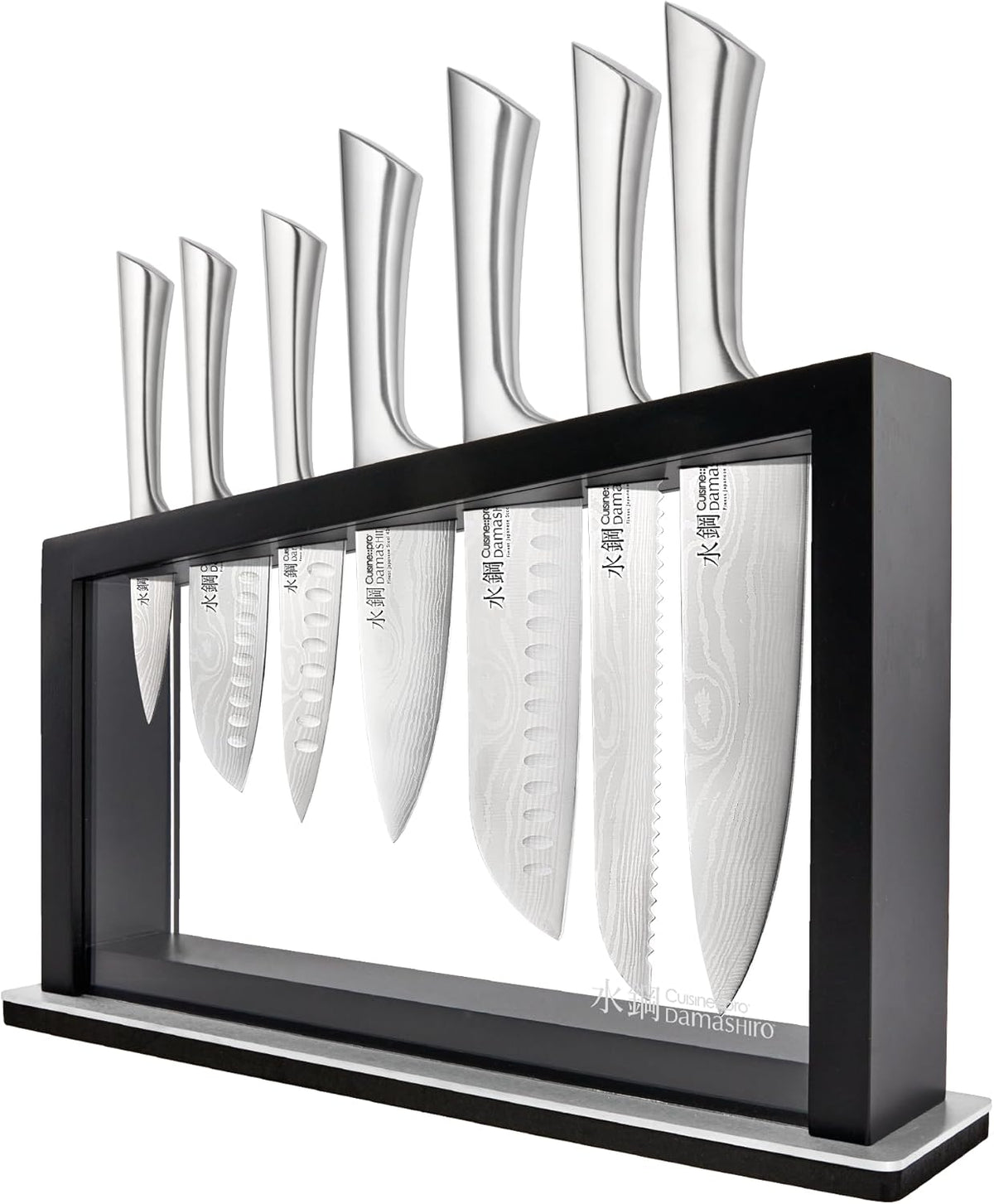 Damashiro Knife Block (Hiryu, 10-Piece Set) - Premium Japanese Steel Knife Set with Acacia Wood Block & Tempered Glass Window - Damascus-Inspired Blade