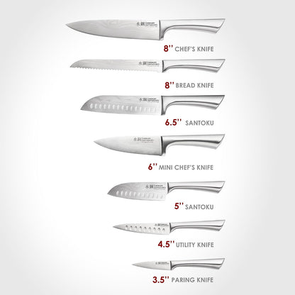Damashiro Knife Block (Hiryu, 10-Piece Set) - Premium Japanese Steel Knife Set with Acacia Wood Block & Tempered Glass Window - Damascus-Inspired Blade