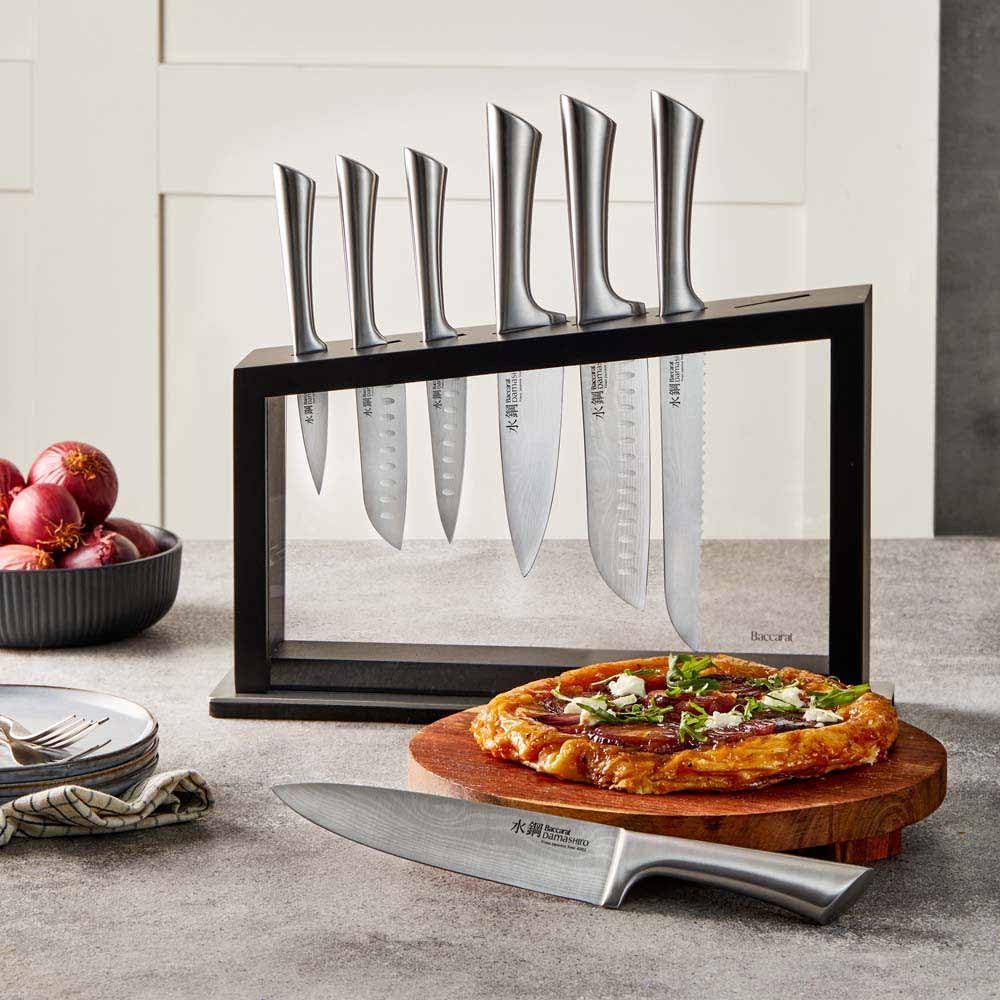 Damashiro Knife Block (Hiryu, 10-Piece Set) - Premium Japanese Steel Knife Set with Acacia Wood Block & Tempered Glass Window - Damascus-Inspired Blade