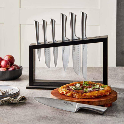 Damashiro Knife Block (Hiryu, 10-Piece Set) - Premium Japanese Steel Knife Set with Acacia Wood Block & Tempered Glass Window - Damascus-Inspired Blade