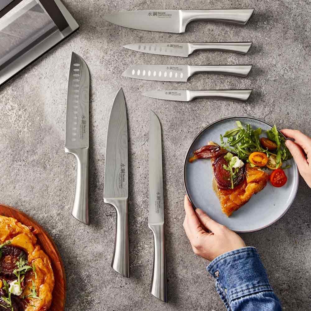 Damashiro Knife Block (Hiryu, 10-Piece Set) - Premium Japanese Steel Knife Set with Acacia Wood Block & Tempered Glass Window - Damascus-Inspired Blade