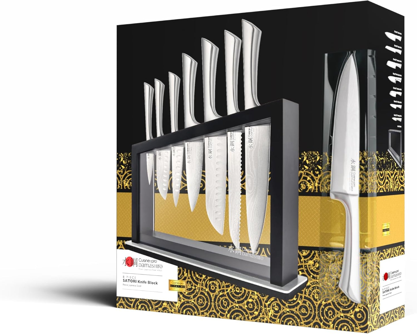 Damashiro Knife Block (Hiryu, 10-Piece Set) - Premium Japanese Steel Knife Set with Acacia Wood Block & Tempered Glass Window - Damascus-Inspired Blade
