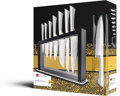 Damashiro Knife Block (Hiryu, 10-Piece Set) - Premium Japanese Steel Knife Set with Acacia Wood Block & Tempered Glass Window - Damascus-Inspired Blade