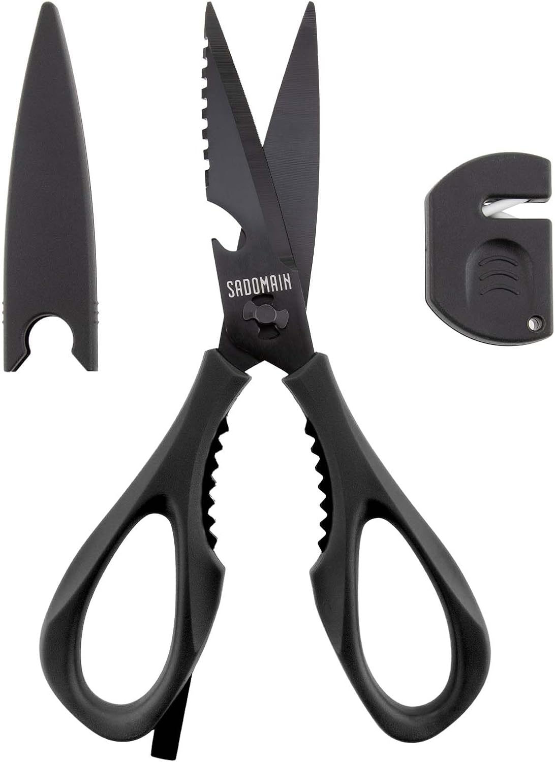 Come Apart Kitchen Shears, All Purpose Scissors for Food – Black | Bonus Sharpener+ Sheath, Premium Japanese 420J2 Steel, Ultra-sharp Serrated Blade, Anti-rust Titanium-plated, Dishwasher Safe