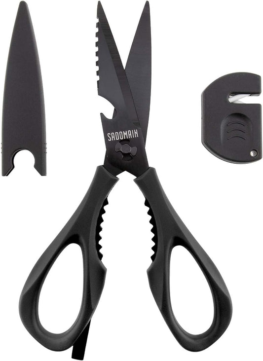 Come Apart Kitchen Shears, All Purpose Scissors for Food – Black | Bonus Sharpener+ Sheath, Premium Japanese 420J2 Steel, Ultra-sharp Serrated Blade, Anti-rust Titanium-plated, Dishwasher Safe