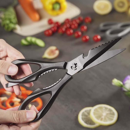 Come Apart Kitchen Shears, All Purpose Scissors for Food – Black | Bonus Sharpener+ Sheath, Premium Japanese 420J2 Steel, Ultra-sharp Serrated Blade, Anti-rust Titanium-plated, Dishwasher Safe