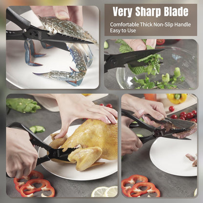 Come Apart Kitchen Shears, All Purpose Scissors for Food – Black | Bonus Sharpener+ Sheath, Premium Japanese 420J2 Steel, Ultra-sharp Serrated Blade, Anti-rust Titanium-plated, Dishwasher Safe