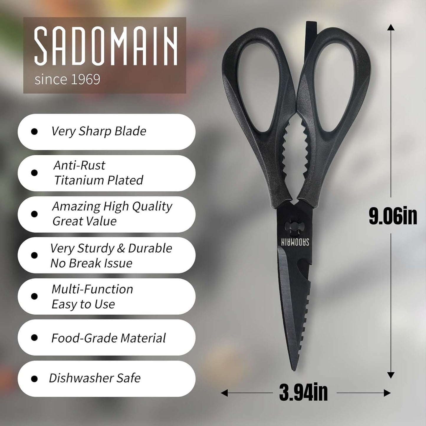 Come Apart Kitchen Shears, All Purpose Scissors for Food – Black | Bonus Sharpener+ Sheath, Premium Japanese 420J2 Steel, Ultra-sharp Serrated Blade, Anti-rust Titanium-plated, Dishwasher Safe