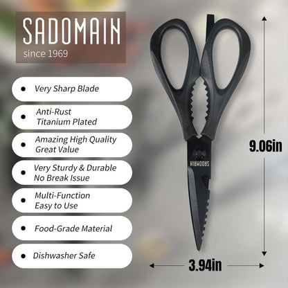 Come Apart Kitchen Shears, All Purpose Scissors for Food – Black | Bonus Sharpener+ Sheath, Premium Japanese 420J2 Steel, Ultra-sharp Serrated Blade, Anti-rust Titanium-plated, Dishwasher Safe