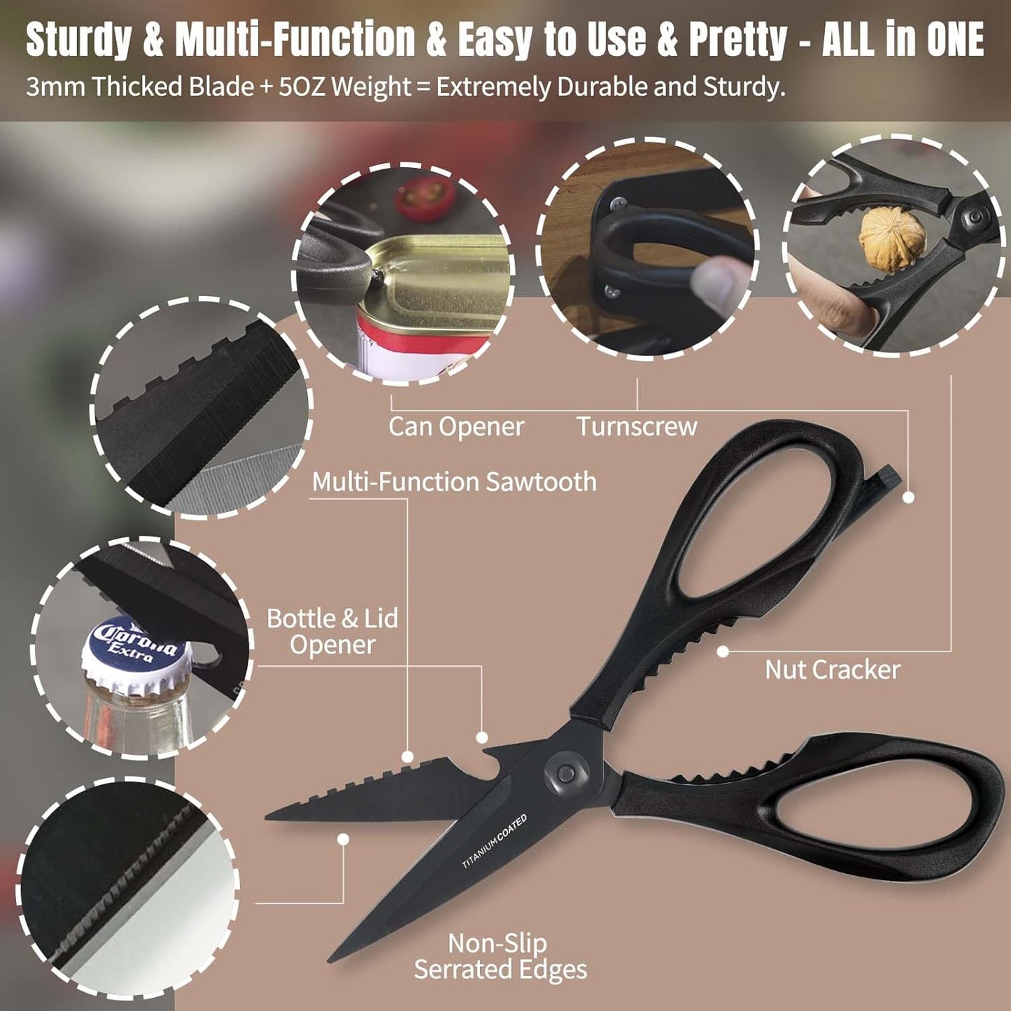 Come Apart Kitchen Shears, All Purpose Scissors for Food – Black | Bonus Sharpener+ Sheath, Premium Japanese 420J2 Steel, Ultra-sharp Serrated Blade, Anti-rust Titanium-plated, Dishwasher Safe