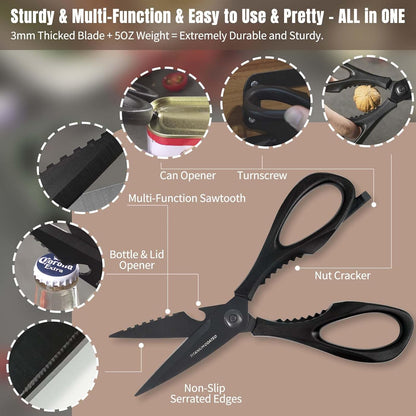 Come Apart Kitchen Shears, All Purpose Scissors for Food – Black | Bonus Sharpener+ Sheath, Premium Japanese 420J2 Steel, Ultra-sharp Serrated Blade, Anti-rust Titanium-plated, Dishwasher Safe