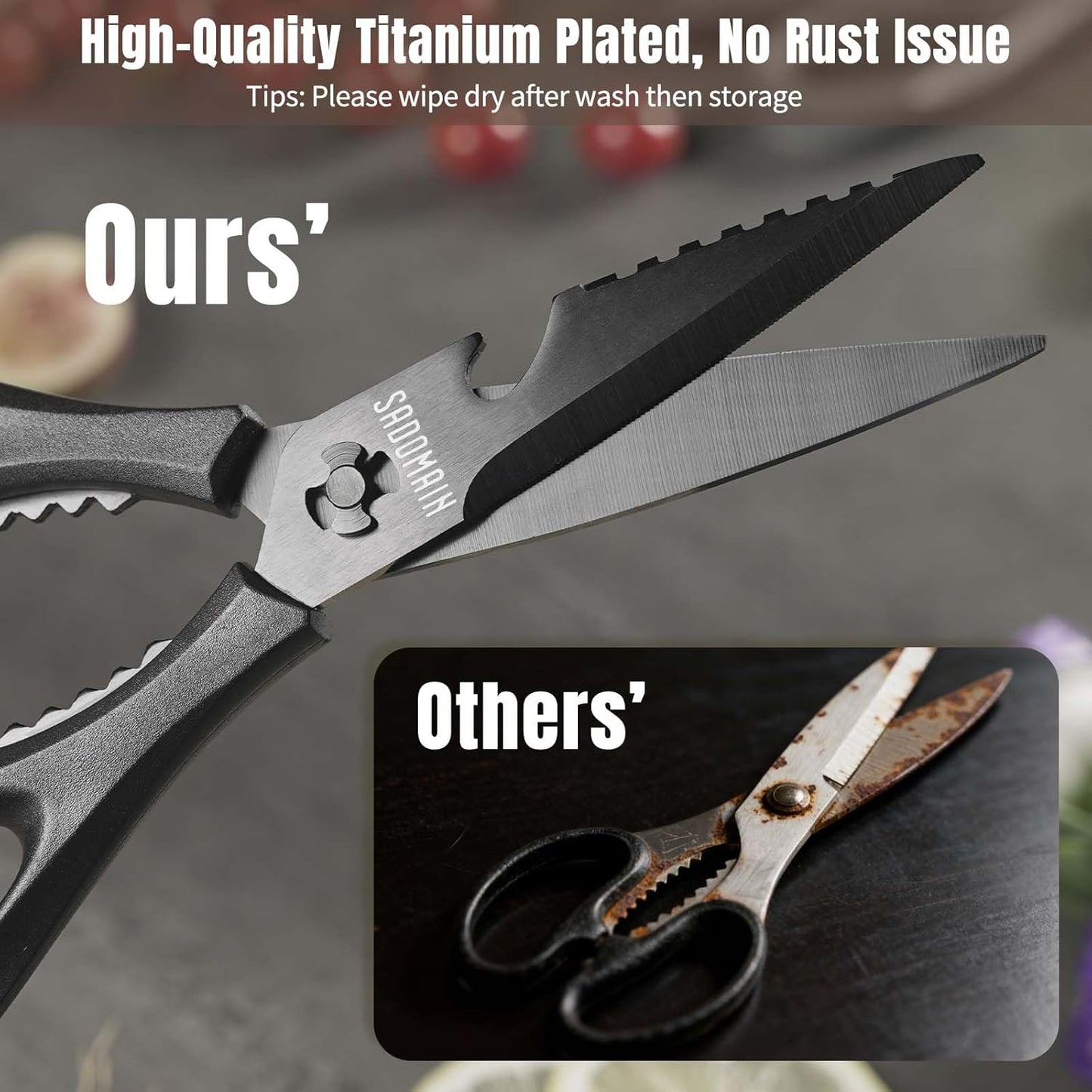 Come Apart Kitchen Shears, All Purpose Scissors for Food – Black | Bonus Sharpener+ Sheath, Premium Japanese 420J2 Steel, Ultra-sharp Serrated Blade, Anti-rust Titanium-plated, Dishwasher Safe