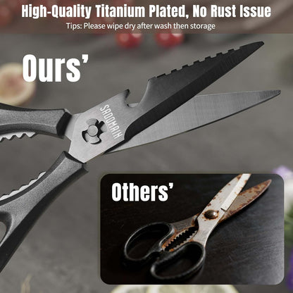 Come Apart Kitchen Shears, All Purpose Scissors for Food – Black | Bonus Sharpener+ Sheath, Premium Japanese 420J2 Steel, Ultra-sharp Serrated Blade, Anti-rust Titanium-plated, Dishwasher Safe