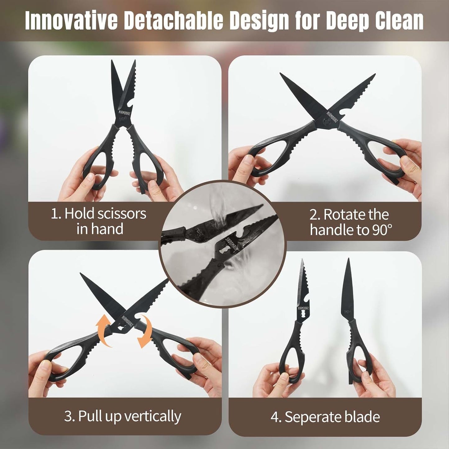 Come Apart Kitchen Shears, All Purpose Scissors for Food – Black | Bonus Sharpener+ Sheath, Premium Japanese 420J2 Steel, Ultra-sharp Serrated Blade, Anti-rust Titanium-plated, Dishwasher Safe