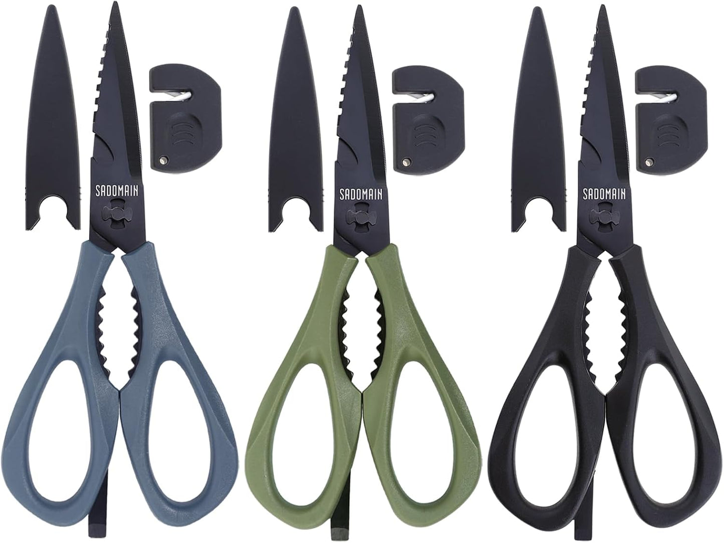 Come Apart Kitchen Shears, All Purpose Scissors for Food – Black | Bonus Sharpener+ Sheath, Premium Japanese 420J2 Steel, Ultra-sharp Serrated Blade, Anti-rust Titanium-plated, Dishwasher Safe