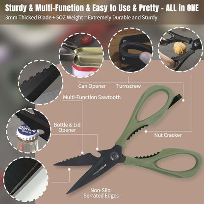Come Apart Kitchen Shears, All Purpose Scissors for Food – Black | Bonus Sharpener+ Sheath, Premium Japanese 420J2 Steel, Ultra-sharp Serrated Blade, Anti-rust Titanium-plated, Dishwasher Safe