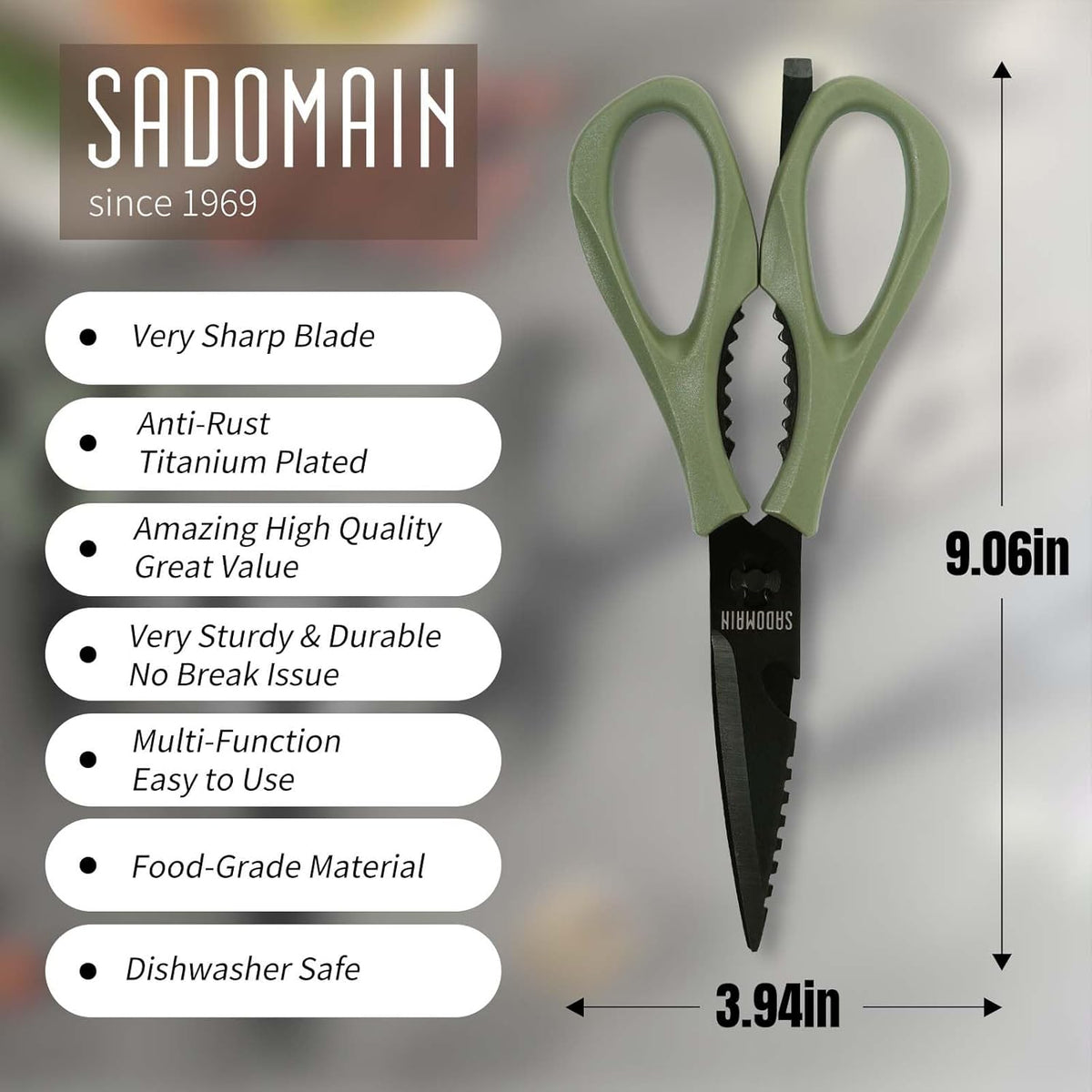 Come Apart Kitchen Shears, All Purpose Scissors for Food – Black | Bonus Sharpener+ Sheath, Premium Japanese 420J2 Steel, Ultra-sharp Serrated Blade, Anti-rust Titanium-plated, Dishwasher Safe
