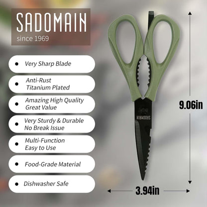 Come Apart Kitchen Shears, All Purpose Scissors for Food – Black | Bonus Sharpener+ Sheath, Premium Japanese 420J2 Steel, Ultra-sharp Serrated Blade, Anti-rust Titanium-plated, Dishwasher Safe