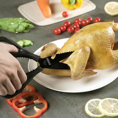 Come Apart Kitchen Shears, All Purpose Scissors for Food – Black | Bonus Sharpener+ Sheath, Premium Japanese 420J2 Steel, Ultra-sharp Serrated Blade, Anti-rust Titanium-plated, Dishwasher Safe