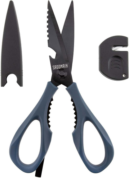 Come Apart Kitchen Shears, All Purpose Scissors for Food – Black | Bonus Sharpener+ Sheath, Premium Japanese 420J2 Steel, Ultra-sharp Serrated Blade, Anti-rust Titanium-plated, Dishwasher Safe