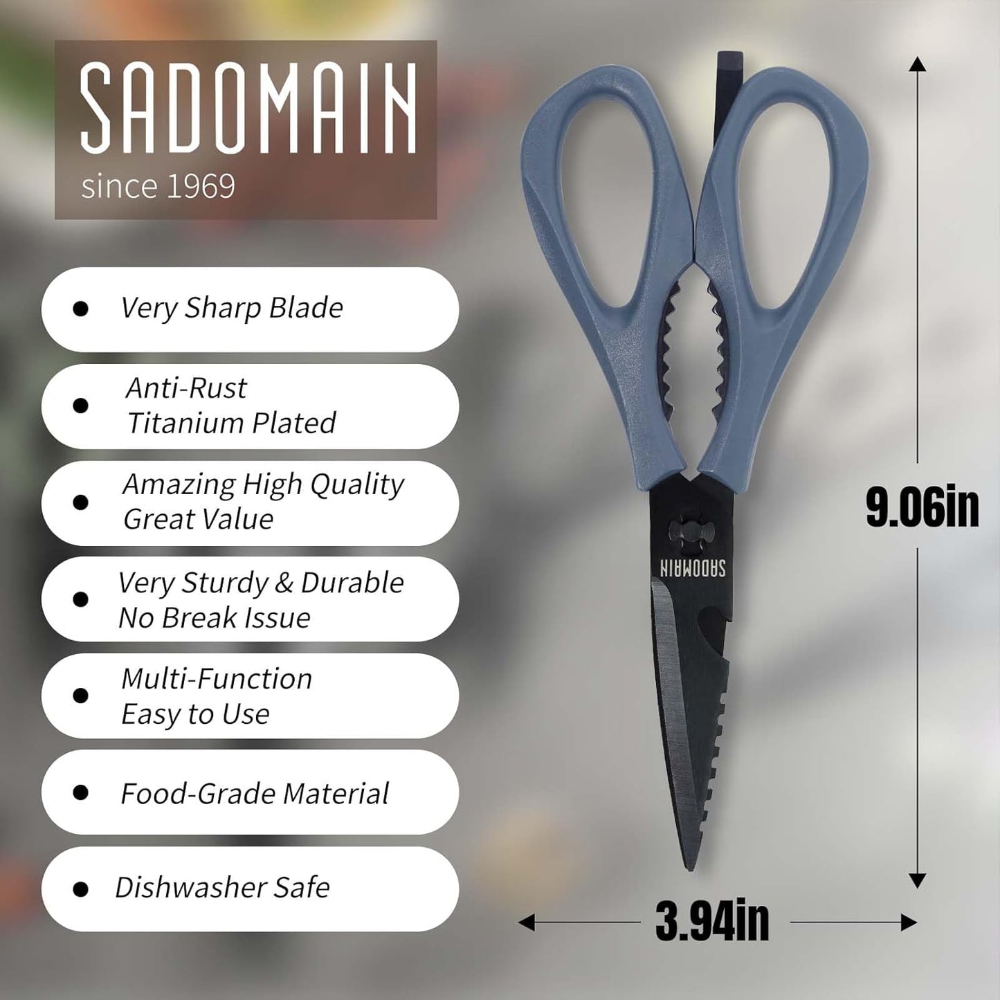 Come Apart Kitchen Shears, All Purpose Scissors for Food – Black | Bonus Sharpener+ Sheath, Premium Japanese 420J2 Steel, Ultra-sharp Serrated Blade, Anti-rust Titanium-plated, Dishwasher Safe