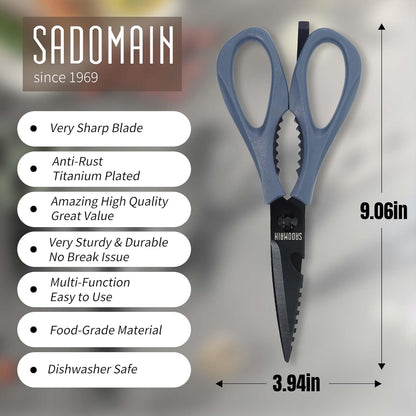 Come Apart Kitchen Shears, All Purpose Scissors for Food – Black | Bonus Sharpener+ Sheath, Premium Japanese 420J2 Steel, Ultra-sharp Serrated Blade, Anti-rust Titanium-plated, Dishwasher Safe