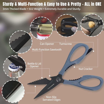 Come Apart Kitchen Shears, All Purpose Scissors for Food – Black | Bonus Sharpener+ Sheath, Premium Japanese 420J2 Steel, Ultra-sharp Serrated Blade, Anti-rust Titanium-plated, Dishwasher Safe