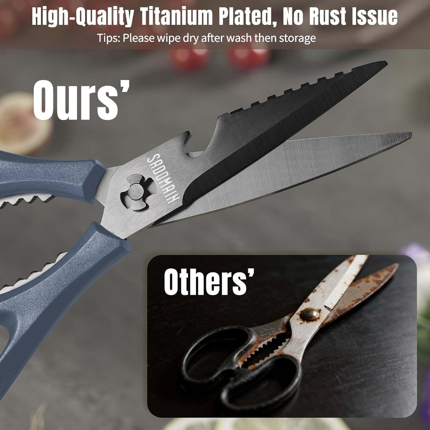 Come Apart Kitchen Shears, All Purpose Scissors for Food – Black | Bonus Sharpener+ Sheath, Premium Japanese 420J2 Steel, Ultra-sharp Serrated Blade, Anti-rust Titanium-plated, Dishwasher Safe
