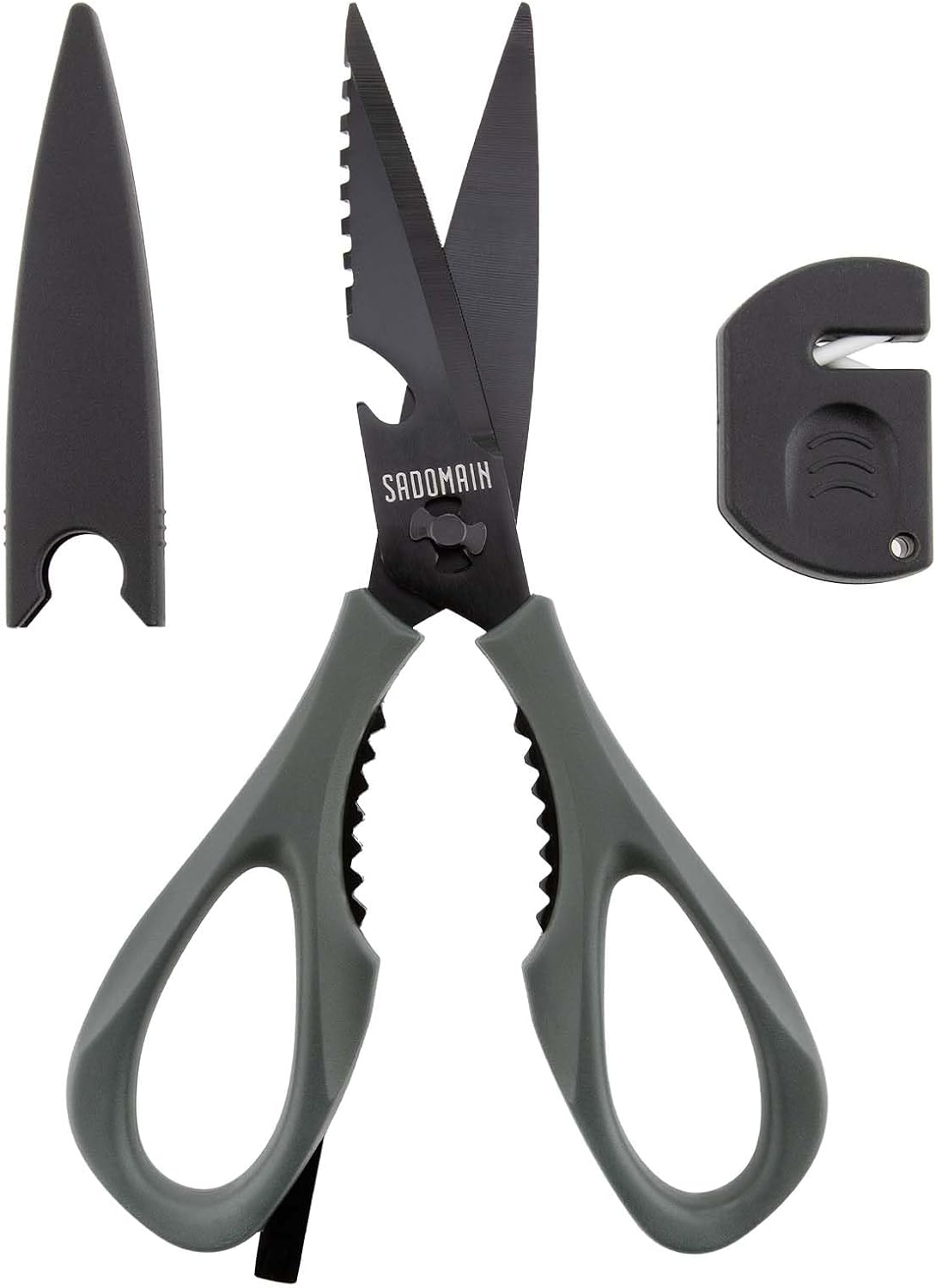 Come Apart Kitchen Shears, All Purpose Scissors for Food – Black | Bonus Sharpener+ Sheath, Premium Japanese 420J2 Steel, Ultra-sharp Serrated Blade, Anti-rust Titanium-plated, Dishwasher Safe