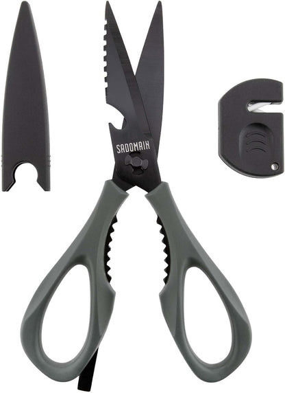 Come Apart Kitchen Shears, All Purpose Scissors for Food – Black | Bonus Sharpener+ Sheath, Premium Japanese 420J2 Steel, Ultra-sharp Serrated Blade, Anti-rust Titanium-plated, Dishwasher Safe