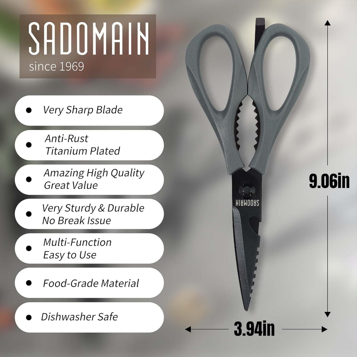 Come Apart Kitchen Shears, All Purpose Scissors for Food – Black | Bonus Sharpener+ Sheath, Premium Japanese 420J2 Steel, Ultra-sharp Serrated Blade, Anti-rust Titanium-plated, Dishwasher Safe