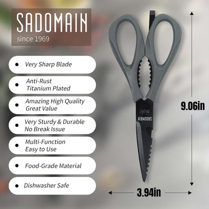 Come Apart Kitchen Shears, All Purpose Scissors for Food – Black | Bonus Sharpener+ Sheath, Premium Japanese 420J2 Steel, Ultra-sharp Serrated Blade, Anti-rust Titanium-plated, Dishwasher Safe
