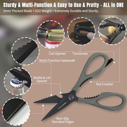 Come Apart Kitchen Shears, All Purpose Scissors for Food – Black | Bonus Sharpener+ Sheath, Premium Japanese 420J2 Steel, Ultra-sharp Serrated Blade, Anti-rust Titanium-plated, Dishwasher Safe