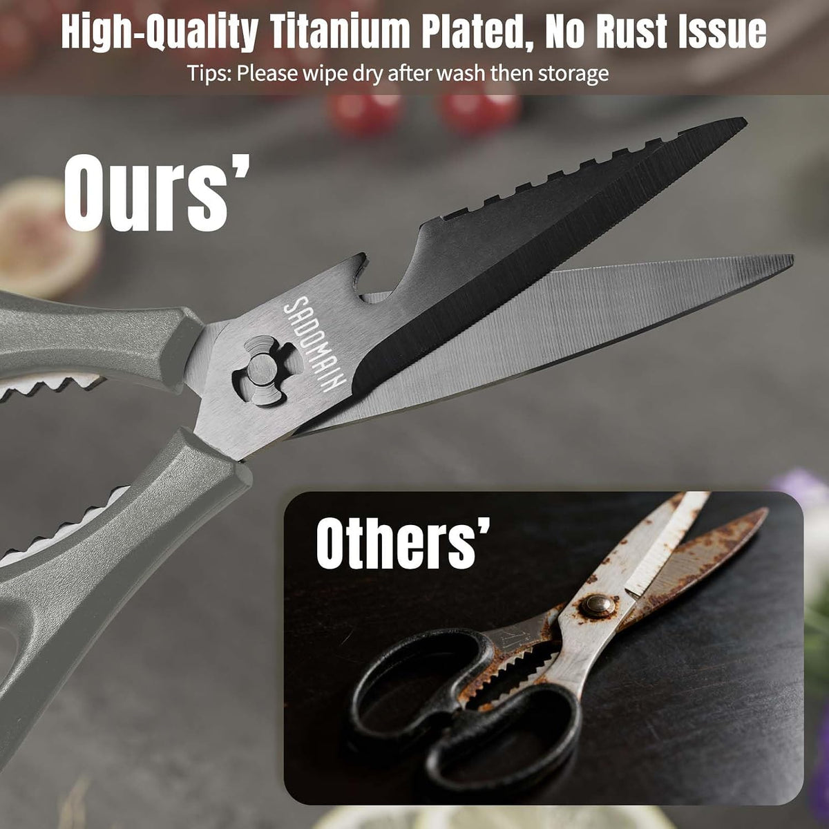 Come Apart Kitchen Shears, All Purpose Scissors for Food – Black | Bonus Sharpener+ Sheath, Premium Japanese 420J2 Steel, Ultra-sharp Serrated Blade, Anti-rust Titanium-plated, Dishwasher Safe
