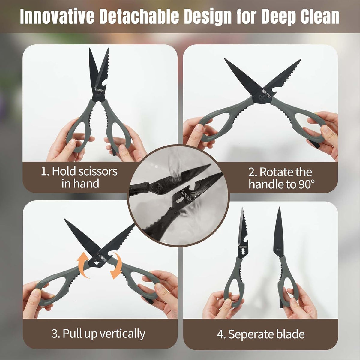 Come Apart Kitchen Shears, All Purpose Scissors for Food – Black | Bonus Sharpener+ Sheath, Premium Japanese 420J2 Steel, Ultra-sharp Serrated Blade, Anti-rust Titanium-plated, Dishwasher Safe