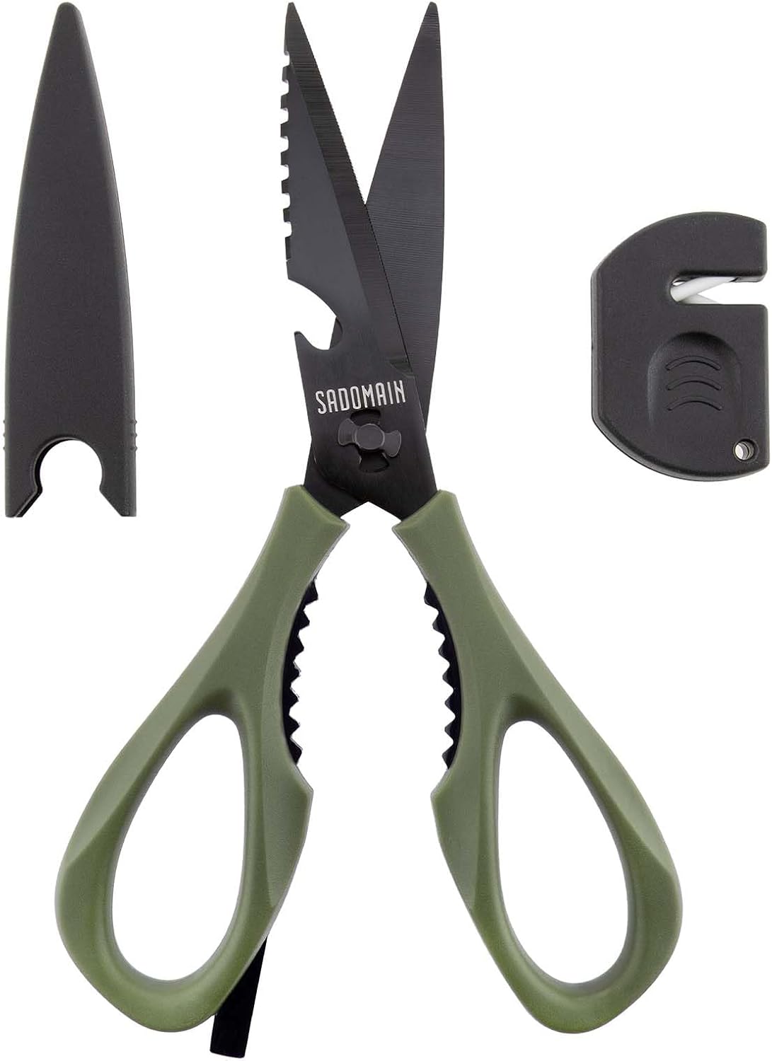 Come Apart Kitchen Shears, All Purpose Scissors for Food – Black | Bonus Sharpener+ Sheath, Premium Japanese 420J2 Steel, Ultra-sharp Serrated Blade, Anti-rust Titanium-plated, Dishwasher Safe