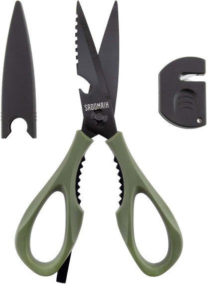 Come Apart Kitchen Shears, All Purpose Scissors for Food – Black | Bonus Sharpener+ Sheath, Premium Japanese 420J2 Steel, Ultra-sharp Serrated Blade, Anti-rust Titanium-plated, Dishwasher Safe