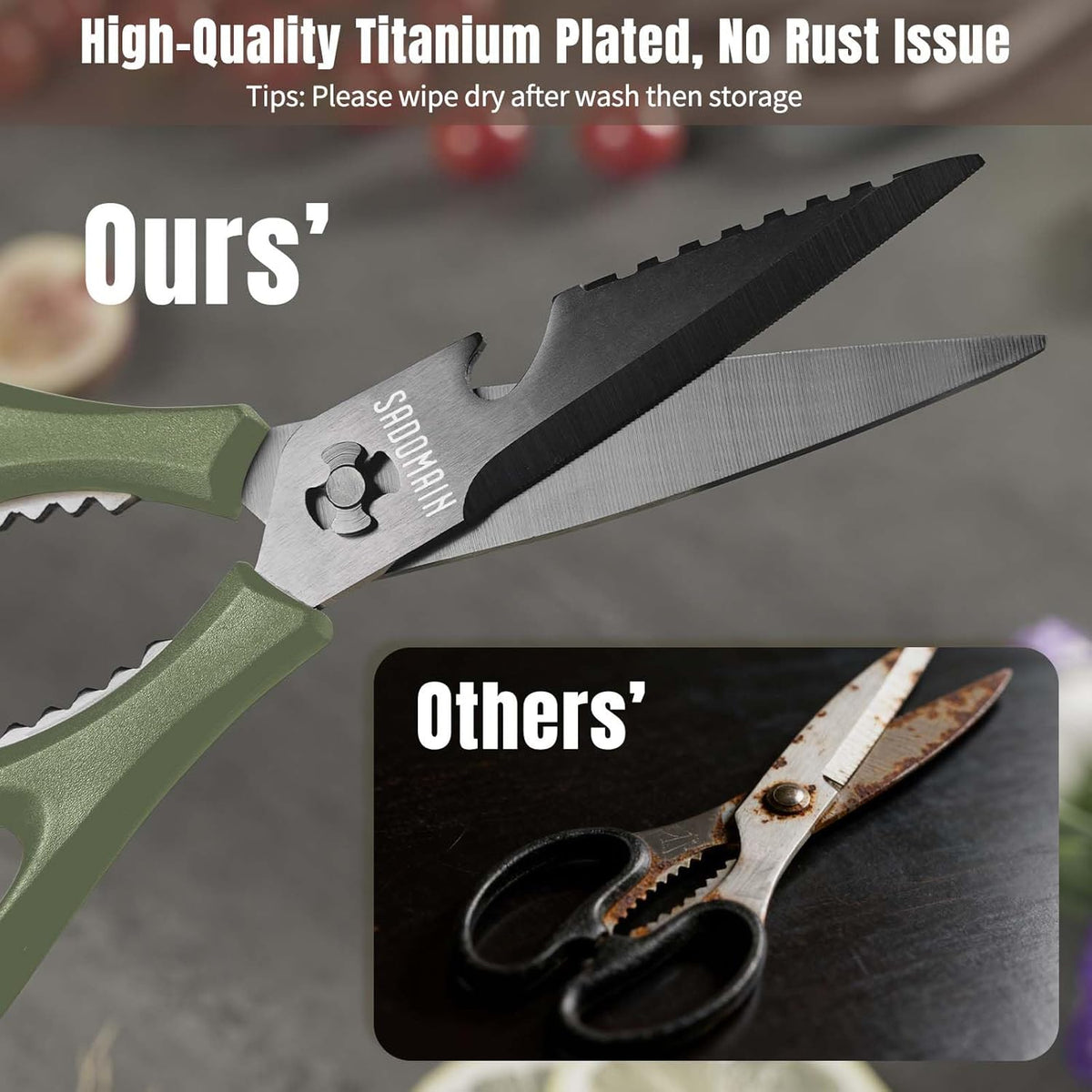 Come Apart Kitchen Shears, All Purpose Scissors for Food – Black | Bonus Sharpener+ Sheath, Premium Japanese 420J2 Steel, Ultra-sharp Serrated Blade, Anti-rust Titanium-plated, Dishwasher Safe