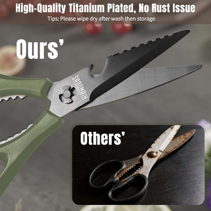 Come Apart Kitchen Shears, All Purpose Scissors for Food – Black | Bonus Sharpener+ Sheath, Premium Japanese 420J2 Steel, Ultra-sharp Serrated Blade, Anti-rust Titanium-plated, Dishwasher Safe