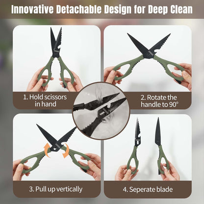 Come Apart Kitchen Shears, All Purpose Scissors for Food – Black | Bonus Sharpener+ Sheath, Premium Japanese 420J2 Steel, Ultra-sharp Serrated Blade, Anti-rust Titanium-plated, Dishwasher Safe