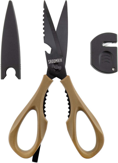 Come Apart Kitchen Shears, All Purpose Scissors for Food – Black | Bonus Sharpener+ Sheath, Premium Japanese 420J2 Steel, Ultra-sharp Serrated Blade, Anti-rust Titanium-plated, Dishwasher Safe