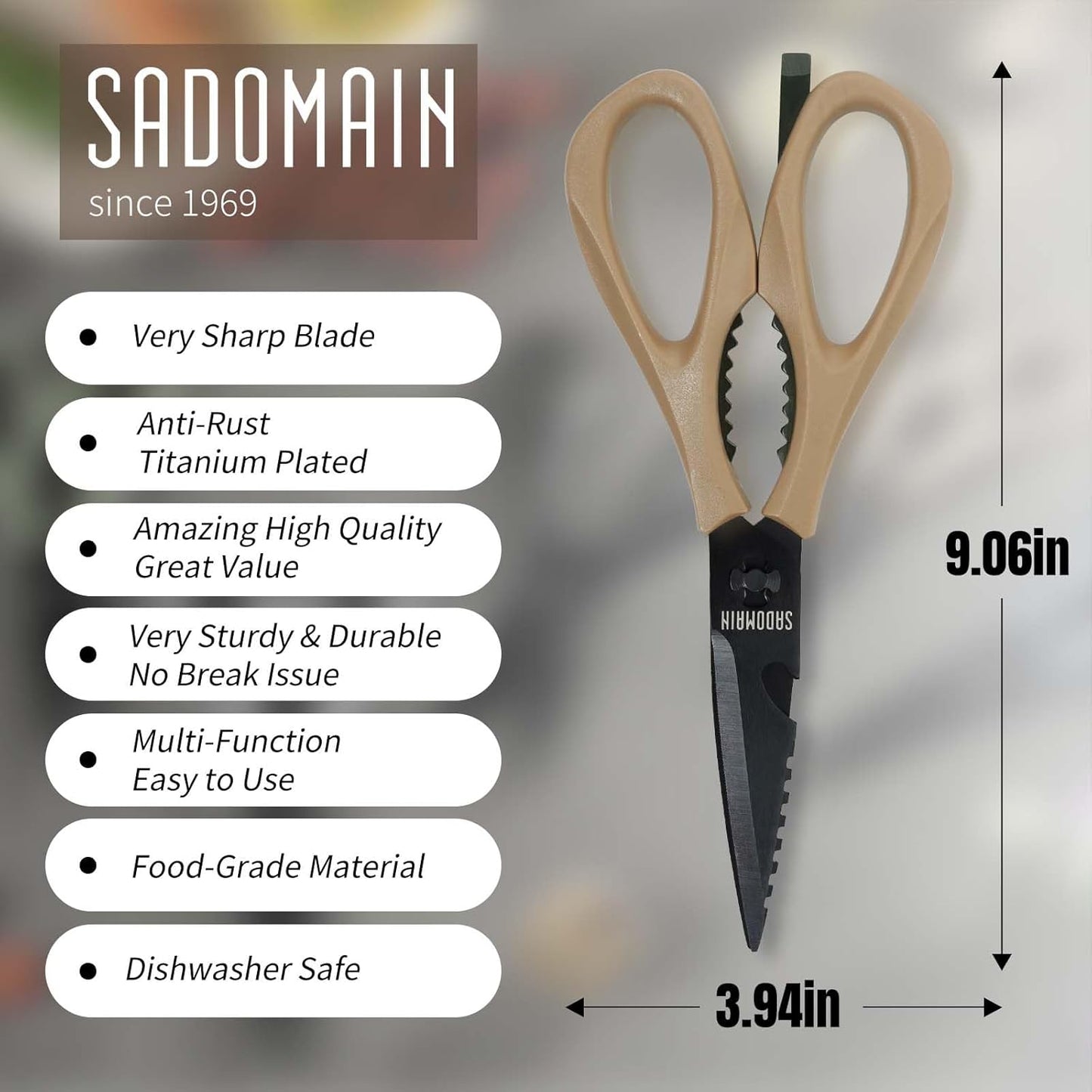 Come Apart Kitchen Shears, All Purpose Scissors for Food – Black | Bonus Sharpener+ Sheath, Premium Japanese 420J2 Steel, Ultra-sharp Serrated Blade, Anti-rust Titanium-plated, Dishwasher Safe