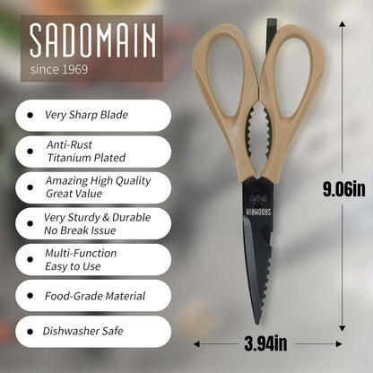 Come Apart Kitchen Shears, All Purpose Scissors for Food – Black | Bonus Sharpener+ Sheath, Premium Japanese 420J2 Steel, Ultra-sharp Serrated Blade, Anti-rust Titanium-plated, Dishwasher Safe