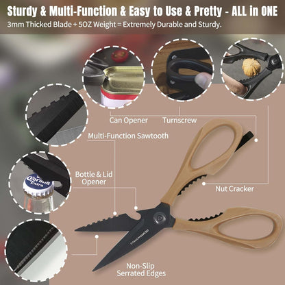 Come Apart Kitchen Shears, All Purpose Scissors for Food – Black | Bonus Sharpener+ Sheath, Premium Japanese 420J2 Steel, Ultra-sharp Serrated Blade, Anti-rust Titanium-plated, Dishwasher Safe