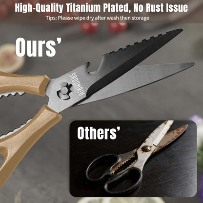 Come Apart Kitchen Shears, All Purpose Scissors for Food – Black | Bonus Sharpener+ Sheath, Premium Japanese 420J2 Steel, Ultra-sharp Serrated Blade, Anti-rust Titanium-plated, Dishwasher Safe