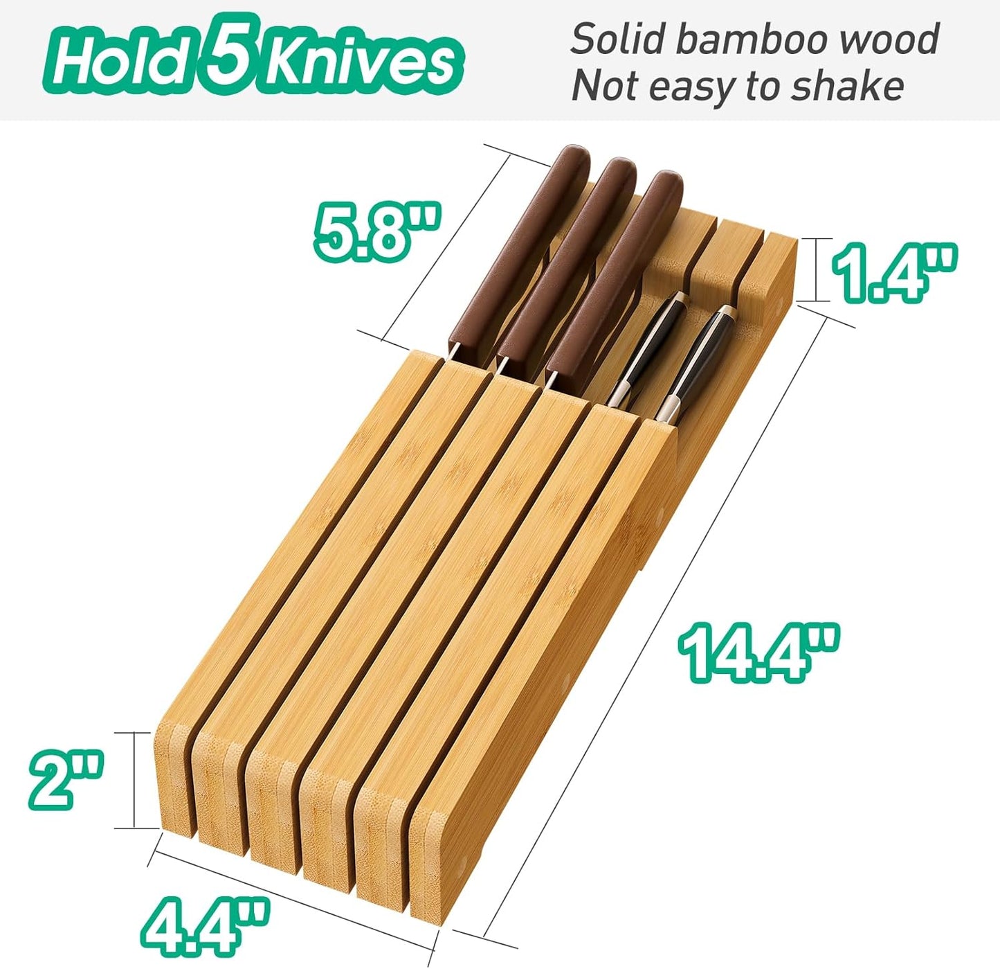 Knife Organizer Drawer Insert, In-Drawer Bamboo Wood Knife Block, Drawer Knife Storage Steak Knife Holder Without Knives, Holds up to 5 Knives