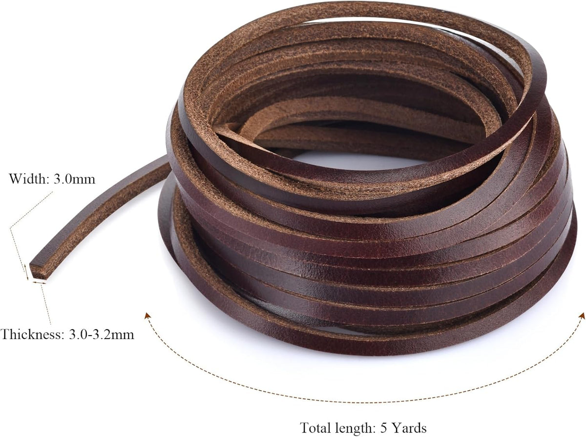 TeeLiy 3MM Flat Genuine Leather Cord - Natural Leather Lacing - Strip Cord Braiding String for Jewelry Making Shoe Lace Braided Bracelets Necklaces Handbags Knife Sheaths Veg Tan Greystone (5Yards)